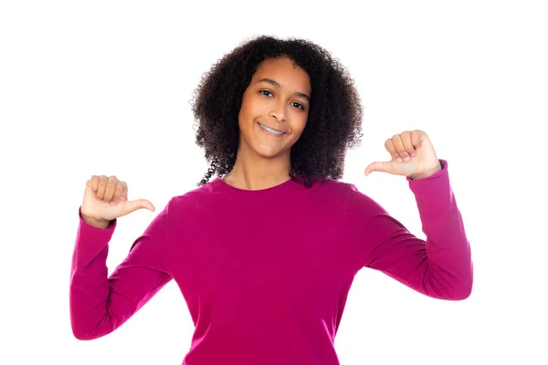 Chica Adolescente Con Pelo Afro Usando Suéter Rosa Aislado Sobre —  Fotos de Stock