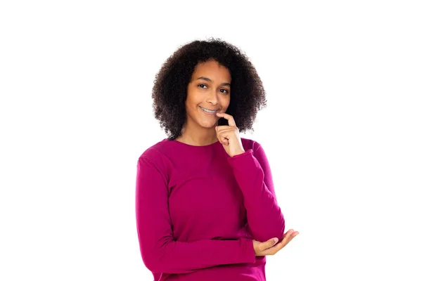 Tiener Meisje Met Afro Haar Dragen Roze Trui Geïsoleerd Een — Stockfoto