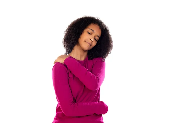 Ragazza Adolescente Con Capelli Afro Indossa Maglione Rosa Isolato Uno — Foto Stock