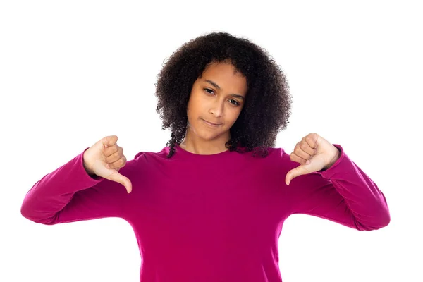 Teenager Dívka Afro Vlasy Sobě Růžový Svetr Izolované Bílém Pozadí — Stock fotografie