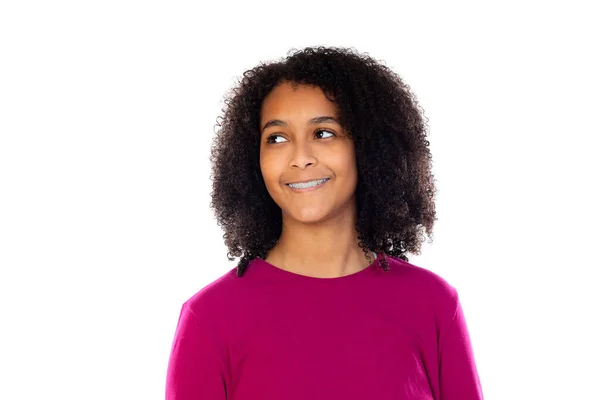 Menina Adolescente Com Cabelo Afro Usando Suéter Rosa Isolado Fundo — Fotografia de Stock