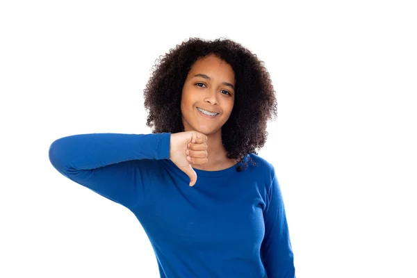 Ragazza Adolescente Con Capelli Afro Indossa Maglione Blu Isolato Uno — Foto Stock