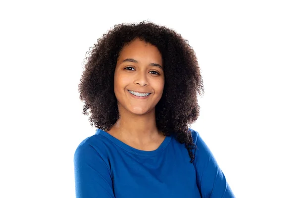 Tiener Meisje Met Afro Haar Dragen Blauwe Trui Geïsoleerd Een — Stockfoto