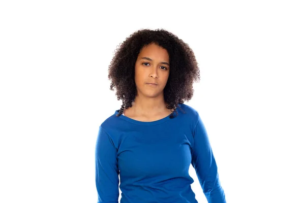 Adolescente Aux Cheveux Afro Portant Pull Bleu Isolé Sur Fond — Photo