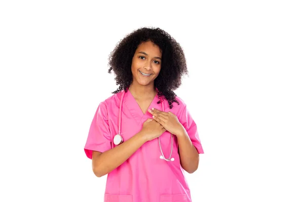 Adorable Médico Pequeño Con Uniforme Rosa Aislado Sobre Fondo Blanco — Foto de Stock