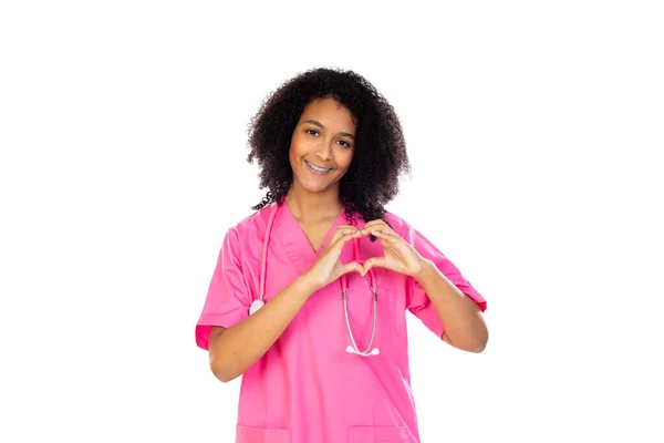 Adorable Médico Pequeño Con Uniforme Rosa Aislado Sobre Fondo Blanco —  Fotos de Stock