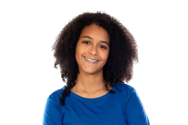 Tiener Meisje Met Afro Haar Dragen Blauwe Trui Geïsoleerd Een — Stockfoto