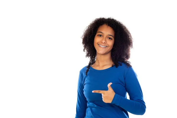 Ragazza Adolescente Con Capelli Afro Indossa Maglione Blu Isolato Uno — Foto Stock