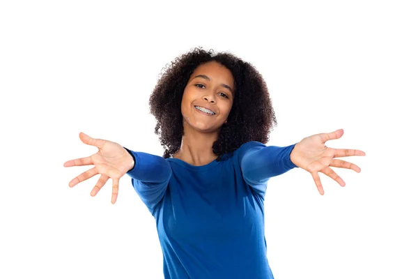 Adolescente Aux Cheveux Afro Portant Pull Bleu Isolé Sur Fond — Photo