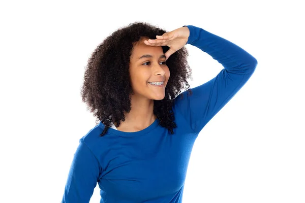 Teenager Dívka Afro Vlasy Sobě Modrý Svetr Izolované Bílém Pozadí — Stock fotografie