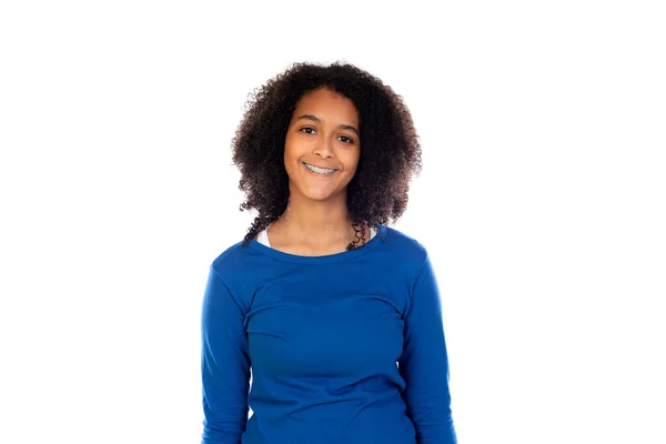 Ragazza Adolescente Con Capelli Afro Indossa Maglione Blu Isolato Uno — Foto Stock