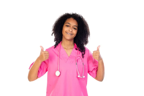 Adorabile Piccolo Medico Con Uniforme Rosa Isolato Uno Sfondo Bianco — Foto Stock