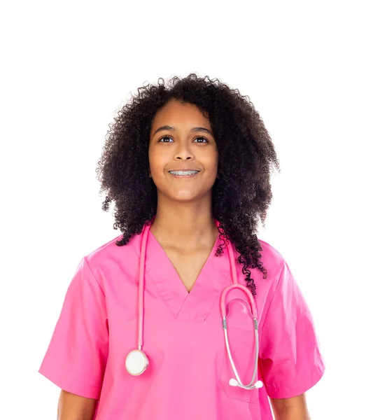 Adorable Médico Pequeño Con Uniforme Rosa Aislado Sobre Fondo Blanco — Foto de Stock