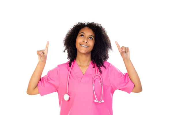 Adorable Médico Pequeño Con Uniforme Rosa Aislado Sobre Fondo Blanco —  Fotos de Stock