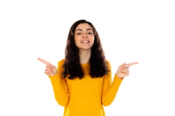 Adorable Teenage Girl Yellow Sweater Isolated White Background — Stock Photo, Image