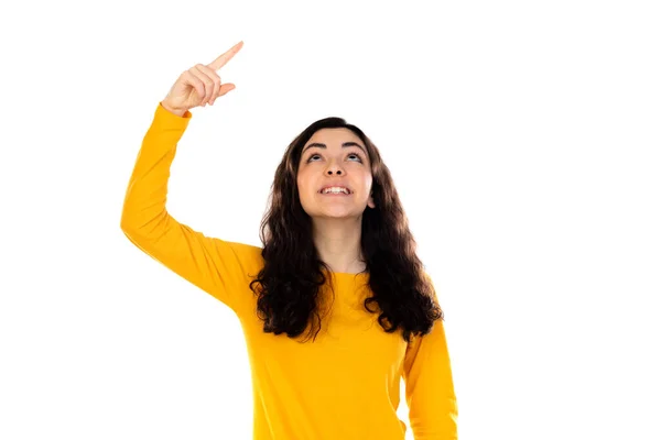 Adorabile Adolescente Con Maglione Giallo Isolato Uno Sfondo Bianco — Foto Stock