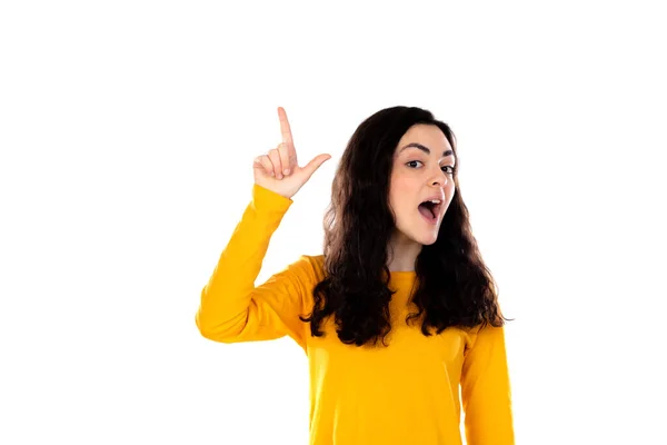 Menina Adolescente Adorável Com Suéter Amarelo Isolado Fundo Branco — Fotografia de Stock