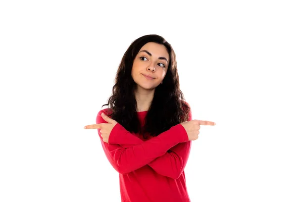 Schattig Tiener Meisje Met Rode Trui Geïsoleerd Een Witte Achtergrond — Stockfoto