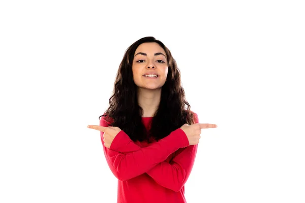 Adorable Adolescente Con Suéter Rojo Aislado Sobre Fondo Blanco —  Fotos de Stock