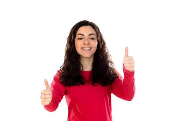 Adorable Adolescente Avec Pull Rouge Isolé Sur Fond Blanc — Photo