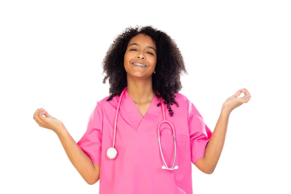 Roztomilý Malý Lékař Růžovou Uniformou Izolované Bílém Pozadí — Stock fotografie