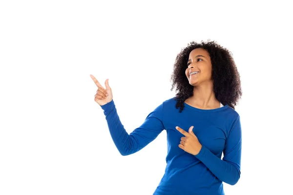 Adolescente Menina Vestindo Camisola Azul Isolado Fundo Branco — Fotografia de Stock