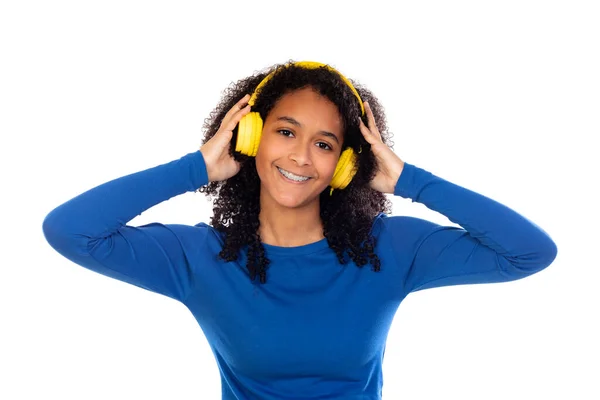 Adolescente Menina Vestindo Camisola Azul Isolado Fundo Branco — Fotografia de Stock