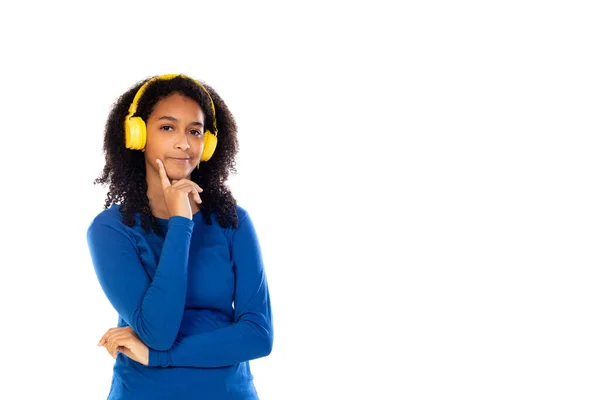 Tiener Meisje Dragen Blauwe Trui Geïsoleerd Een Witte Achtergrond — Stockfoto