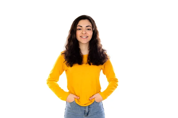 Adorable Adolescente Avec Pull Jaune Isolé Sur Fond Blanc — Photo