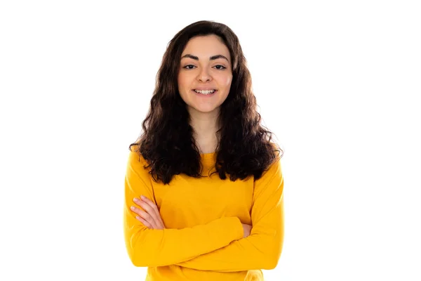 Adorabile Adolescente Con Maglione Giallo Isolato Uno Sfondo Bianco — Foto Stock