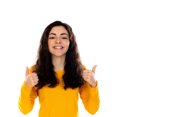 Menina Adolescente Adorável Com Suéter Amarelo Isolado Fundo Branco — Fotografia de Stock