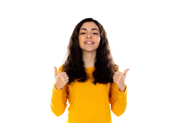 Adorabile Adolescente Con Maglione Giallo Isolato Uno Sfondo Bianco — Foto Stock