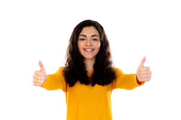Adorable Adolescente Con Suéter Amarillo Aislado Sobre Fondo Blanco — Foto de Stock