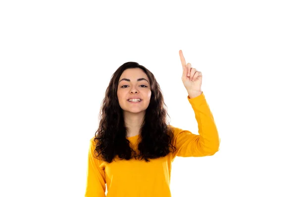 Adorabile Adolescente Con Maglione Giallo Isolato Uno Sfondo Bianco — Foto Stock