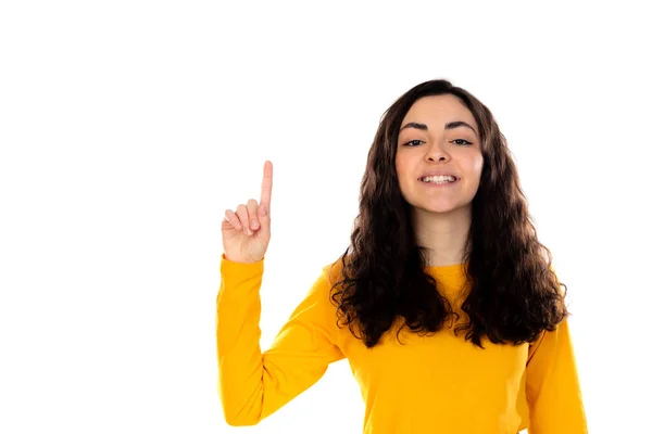 Entzückendes Teenager Mädchen Mit Gelbem Pullover Auf Weißem Hintergrund — Stockfoto