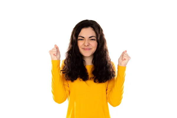 Entzückendes Teenager Mädchen Mit Gelbem Pullover Auf Weißem Hintergrund — Stockfoto