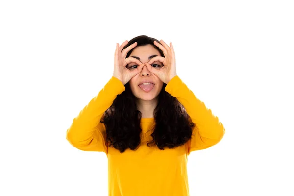 Adorable Teenage Girl Yellow Sweater Isolated White Background — Stock Photo, Image