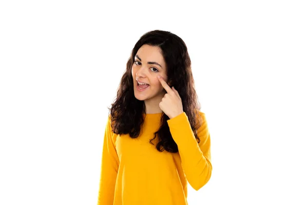 Adorable Adolescente Con Suéter Amarillo Aislado Sobre Fondo Blanco — Foto de Stock