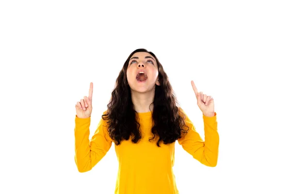 Menina Adolescente Adorável Com Suéter Amarelo Isolado Fundo Branco — Fotografia de Stock