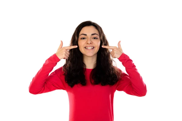 Adorable Adolescente Con Suéter Rojo Aislado Sobre Fondo Blanco —  Fotos de Stock