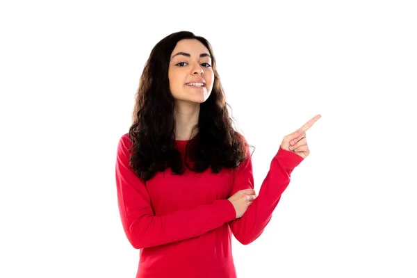Adorável Adolescente Com Camisola Vermelha Isolada Fundo Branco Imagem De Stock
