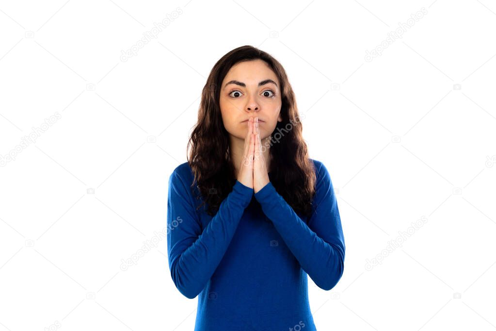 Adorable teenage girl with blue sweater isolated on a white background
