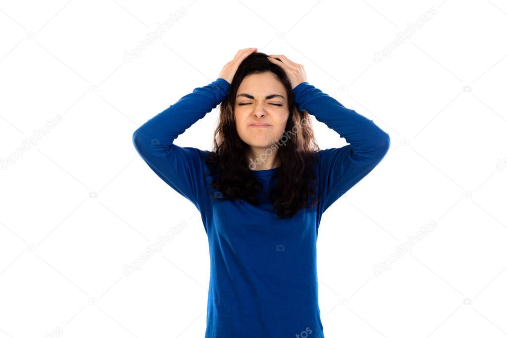 Adorable teenage girl with blue sweater isolated on a white background