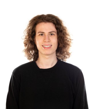 Uzun saçlı, beyaz arka planda izole edilmiş havalı bir adam.