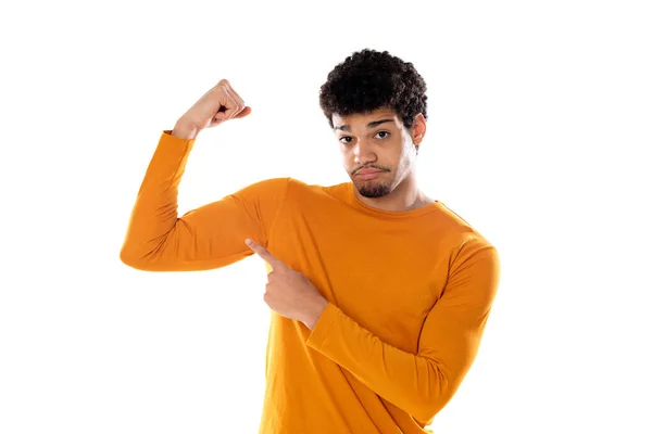 Jovem Negro Afro Americano Sentindo Feliz Satisfeito Poderoso Forma Flexão — Fotografia de Stock