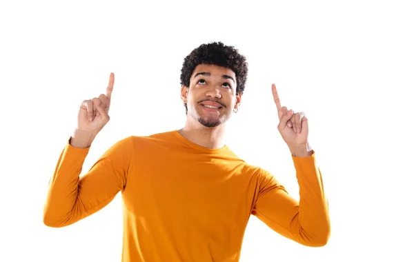 Jovem Negro Afro Cara Rindo Apontando Para Algo Com Dedo — Fotografia de Stock