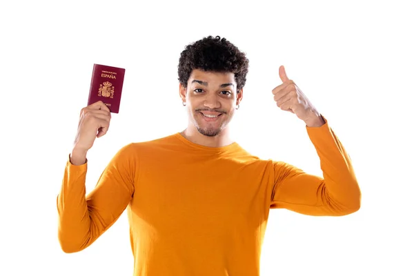 Retrato Joven Feliz Turista Africano Mostrando Pasaporte Listo Para Las — Foto de Stock