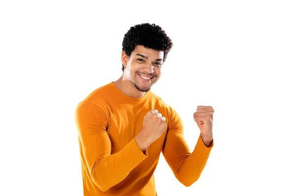 Schattig Afrikaans Amerikaans Man Met Afro Kapsel Draagt Een Oranje — Stockfoto