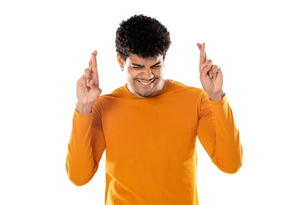 Cute African American Man Afro Hairstyle Wearing Orange Shirt Isolated — Stock Photo, Image