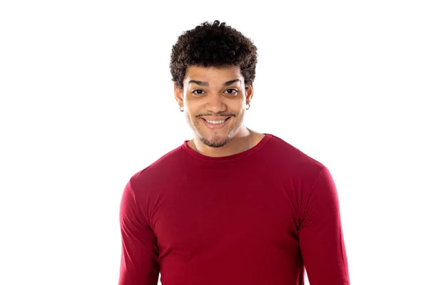 Cute African American Man Afro Hairstyle Wearing Burgundy Shirt Isolated — Stock Photo, Image